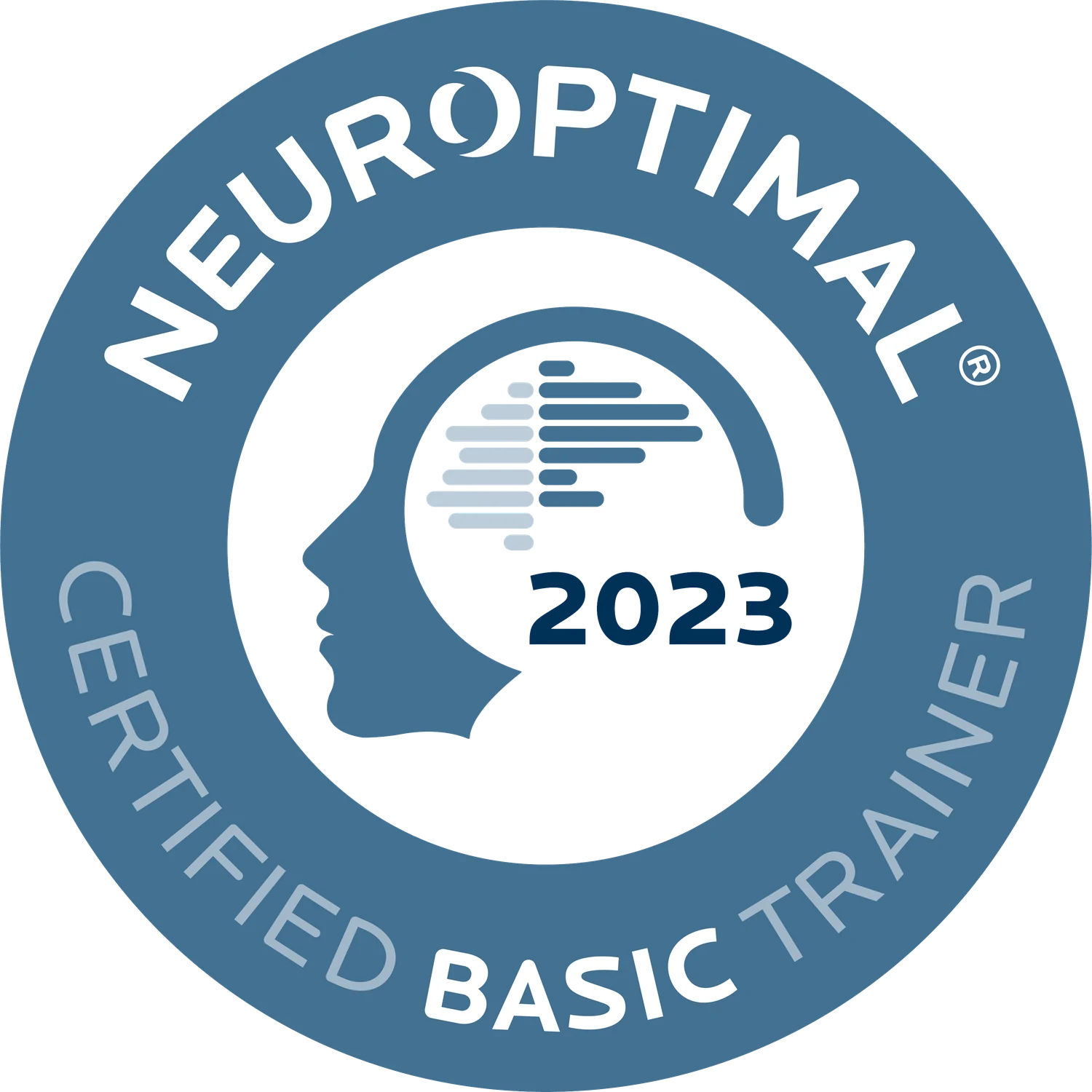 NeurOptimal 2023 Certified Basic Trainee logo with a profile of a human face and a stylized brain made of neurofeedback EEG lines.